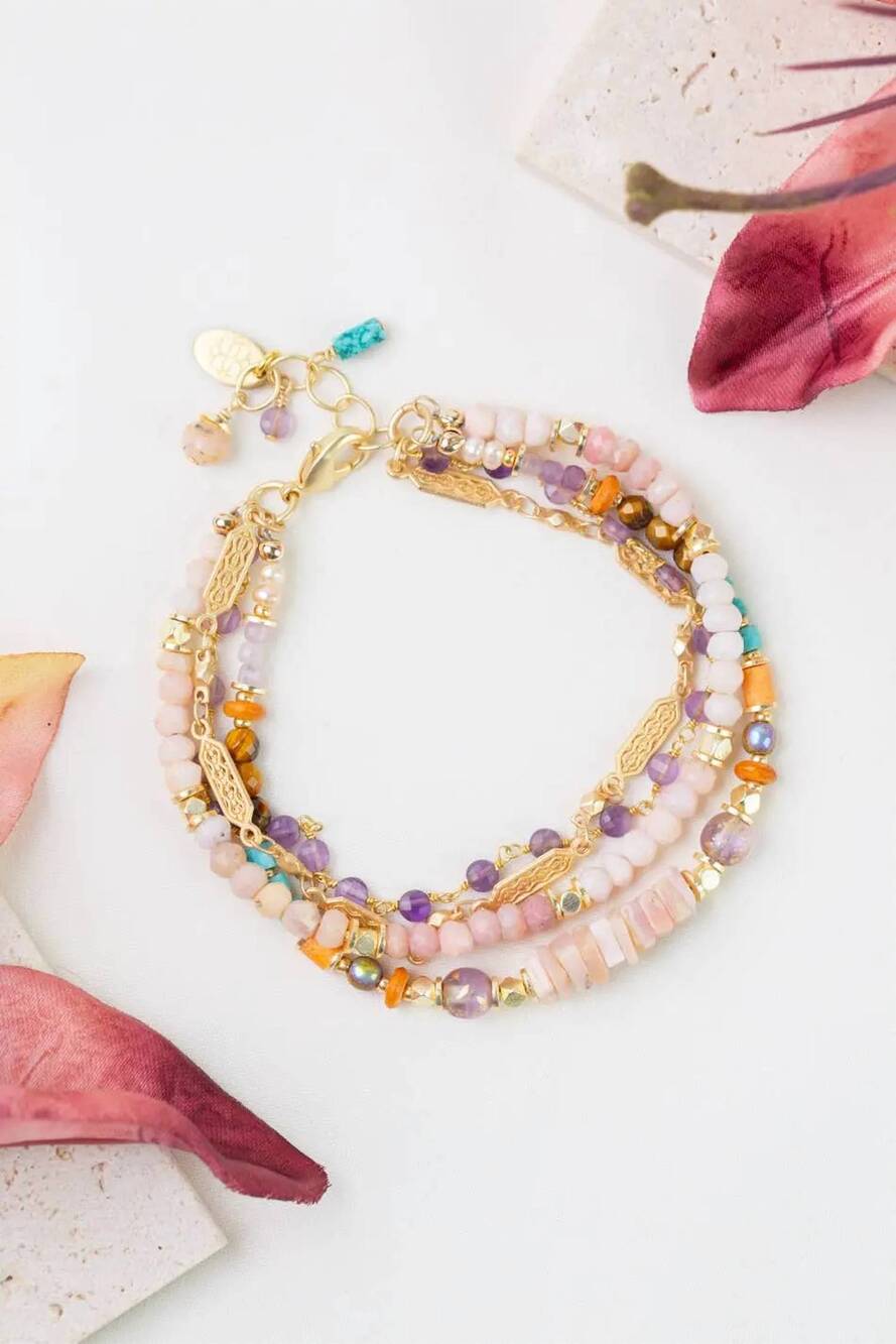 NEW ANNE VAUGHAN women's joy multistrand bracelet in pink opal, amethyst, turquo